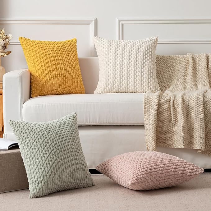 Kevin Textile Set of 2 Decorative Pillow Cover Solid Striped Corduroy Plush Velvet Cushion Cover for Couch Machine Washable Pillowcase 50cm 20 x 20 Inch Yellow