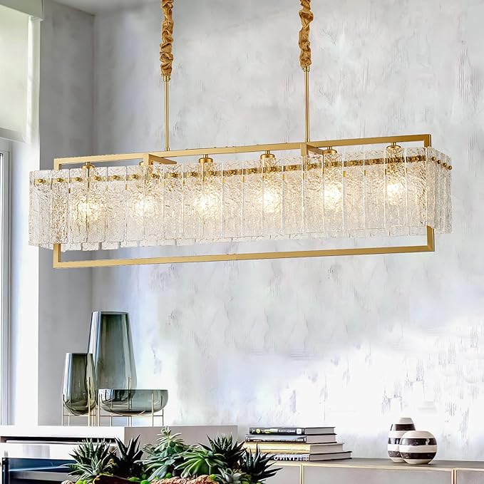 Modern Rectangle Gold Crystal Chandeliers for Dining Room, 6 Lights 44" Large Rectangular Water Ripple Glass Kitchen Island Light Fixture, Linear Farmhouse Pendant Light Fixture Over Table