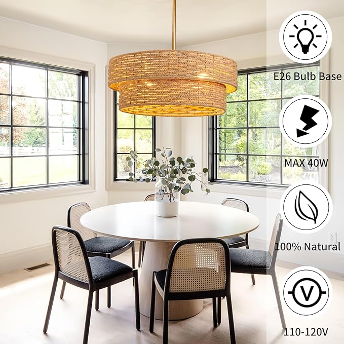 22.8in Woven Rattan Lighting Fixture, Large Boho Coastal Pendant Lights, 2-Tier Rope Chandelier with Fabric Shade for Kitchen Island, Dining Room, Bedroom, Restaurant, Hallway