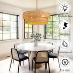 22.8in Woven Rattan Lighting Fixture, Large Boho Coastal Pendant Lights, 2-Tier Rope Chandelier with Fabric Shade for Kitchen Island, Dining Room, Bedroom, Restaurant, Hallway