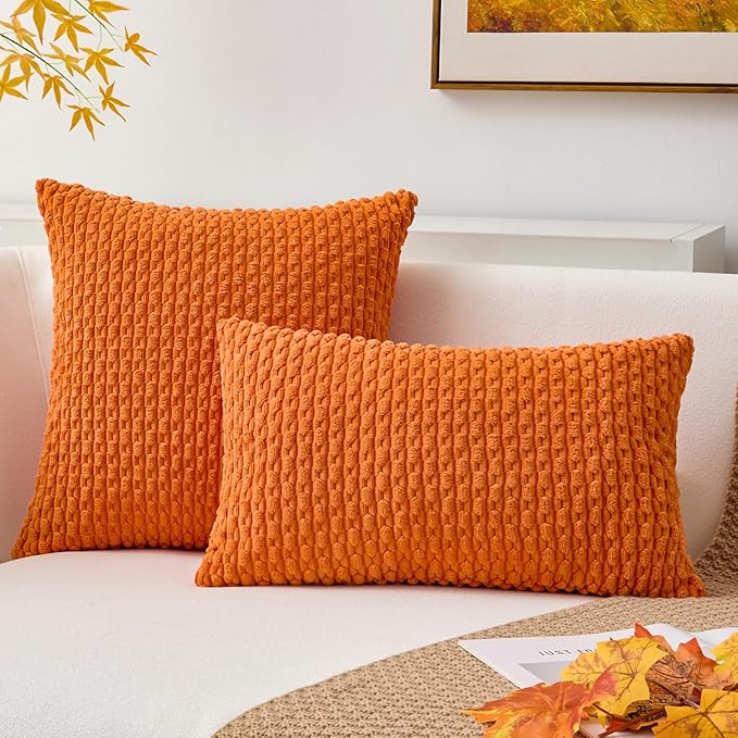Kevin Textile Fall Pack of 2 Corduroy Decorative Throw Pillow Covers 18x18 Inch Soft Boho Striped Pillow Covers Modern Farmhouse Home Decor for Spring Sofa Living Room Couch Bed Orange