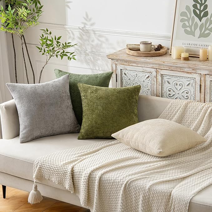 MIULEE Pack of 2 Couch Throw Pillow Covers 18x18 Inch Sage Green Modern Boho Accent Decorative Pillow Covers Soft Chenille Farmhouse Cushion Covers for Home Decor Bed Sofa Living Room