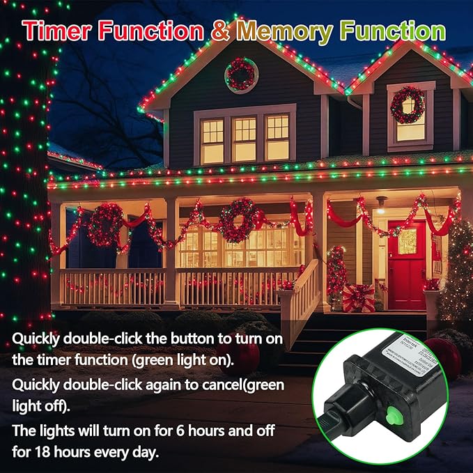 2 Pack Christmas String Lights Indoor Outdoor, Super Bright 66FT 200 LED String Lights Waterproof, 13 Modes Twinkle Xmas Lights with Timer for Christmas Tree Decorations (Red and Green)