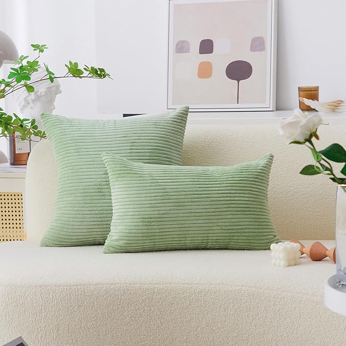 Home Brilliant Holiday Decor Solid Plush Corduroy Striped Square Spring Pillow Covers Set of 2 Cushion Covers for Living Room Decor, 50cm, 20 x 20 Inch, Sage Green