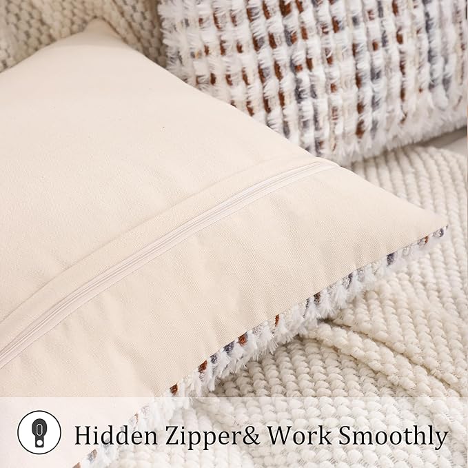 LUOYEHK Boho Throw Pillow Covers 18x18 Inch Set of 2 Farmhouse Neutral Pillow Covers Chenille Tufted Pillowcase for Couch Sofa Bed Living Room, Brown White