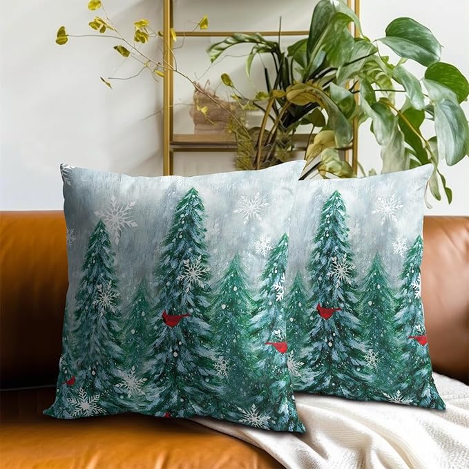 Winter Christmas Trees Pillow Cover 20x20 Inch Set of 2, Rustic Christmas Snowy Pine Forest Birds Decorative Pillow Square Cushion Case for Sofa Couch Outdoor Home Decor