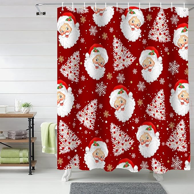 Red Christmas Shower Curtain, Santa Claus Merry Christmas Tree Shower Curtains Set with Hooks, Winter Snowflake Waterproof Fabric Bathroom Curtains Decor Home Accessories,66 X 72 Inch Long