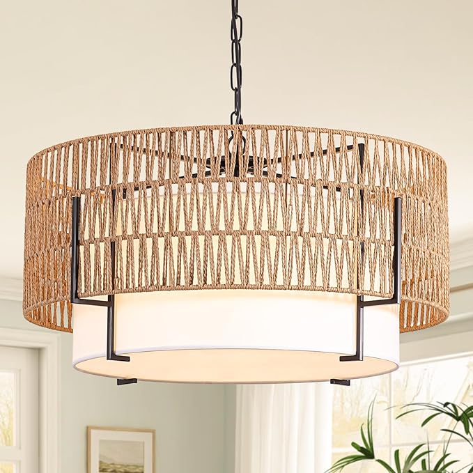 6-Light Large Rattan Chandelier, 25.6" Boho Pendant Light with Fabric Shade, Farmhouse Ceiling Light Fixture Chandelier for Dining Room, Living Room, Bedroom, Kitchen Island, Foyer, Hallway