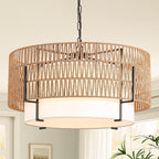 6-Light Large Rattan Chandelier, 25.6" Boho Pendant Light with Fabric Shade, Farmhouse Ceiling Light Fixture Chandelier for Dining Room, Living Room, Bedroom, Kitchen Island, Foyer, Hallway