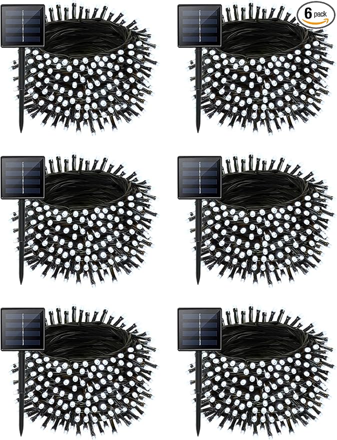 6 Pack Christmas Solar String Lights Outdoor Waterproof, 198FT 600 LED Green Wire Solar Fairy Lights with 8 Modes, Solar Twinkle Lights for Garden Tree Patio Fence Christmas Decorations (Cool White)