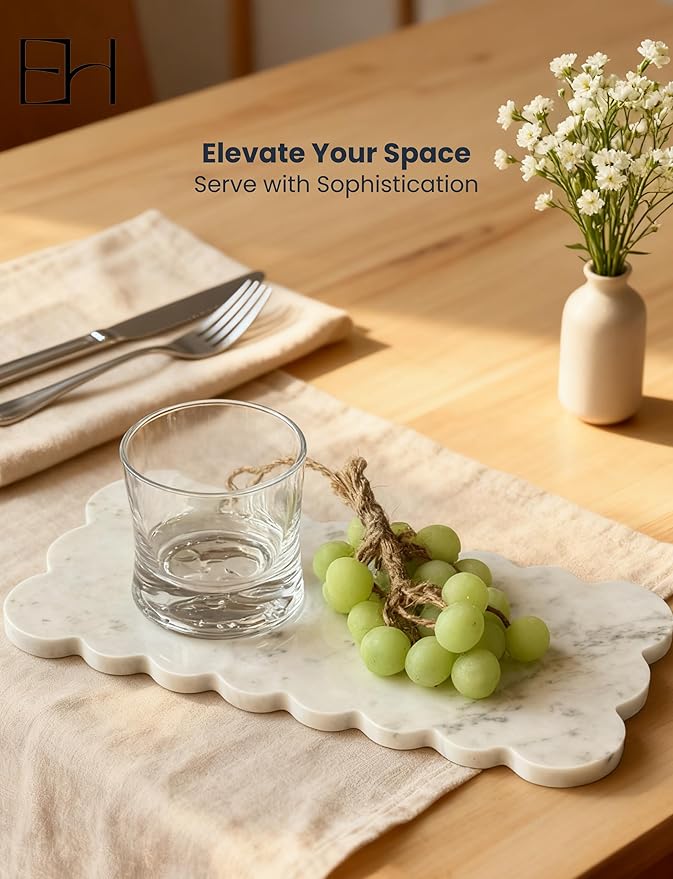 Natural Marble Tray, 12 x 6 inches Serving Board, Bathroom Organizers and Storage, Scallop Stone Present for Home Kitchen Vanity Countertop Decor (Marble, Carrara White)