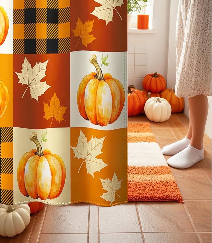 MAMUSE Fall Shower Curtain for Bathroom Stall Cute Decorative Waterproof Unique Design TeenWomen Cortinas de Baño Bathtub 72 x72 Inch, Plaid Pumpkins