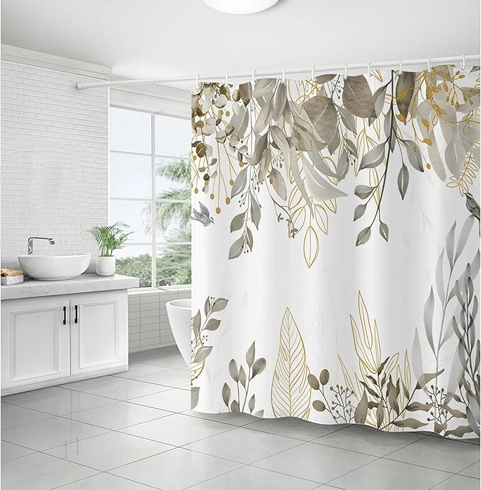 Grey Tan Eucalyptus Leaves Shower Curtain Beige Weeping Branches Leaves Shower Curtains for Bathroom Waterproof Polyester Fabric Bathroom Curtain 72 x 72 Inch with 12 Hooks