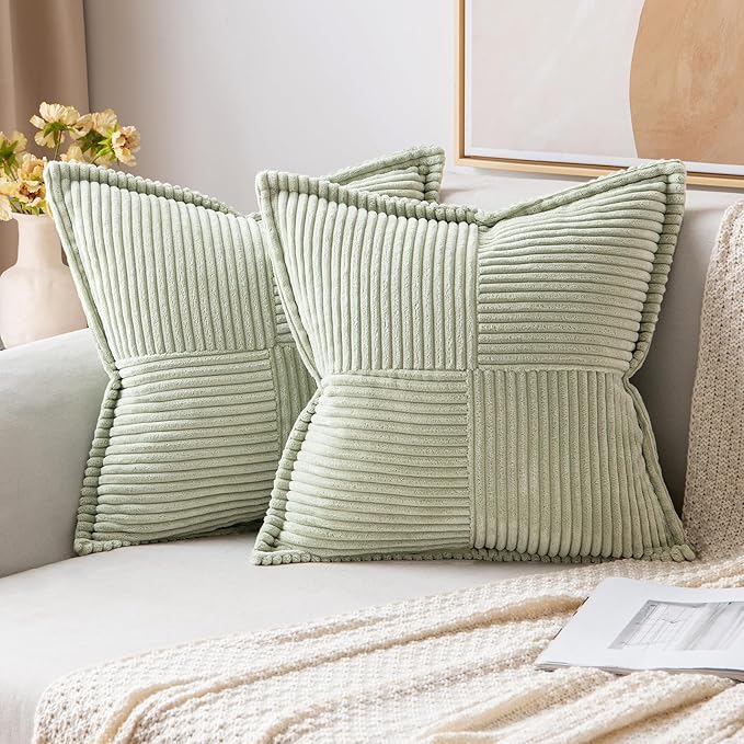 MIULEE Decorative Throw Pillow Covers for Couch Bed Livingroom 18x18 Inch Set of 2 Light Green Boho Accent Throw Pllows Broadside Striped Patchwork Soft Corduroy Summer Pillowcases