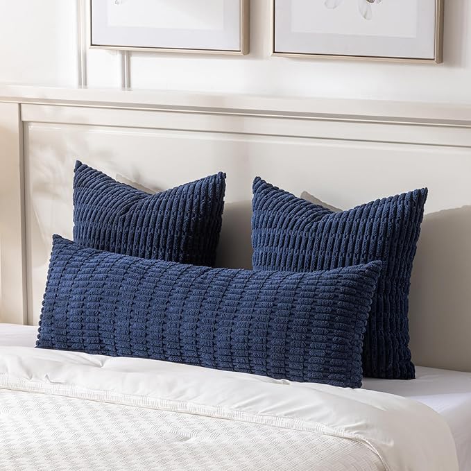 Fancy Homi Navy Blue Long Body Lumbar Decorative Throw Pillow Covers 20x54 Inch for Bed Couch Bedroom Bench, Soft Corduroy Rectangle Solid Pillow Case, Rustic Farmhouse Boho Room Decor