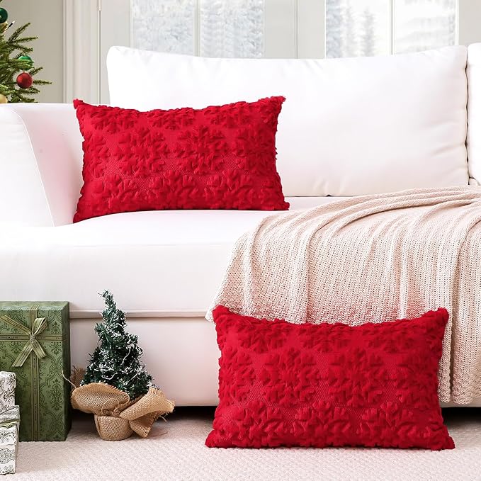 OTOSTAR Set of 2 Xmas Soft Plush Short Wool Velvet Decorative Throw Pillow Covers Rectangular Luxury Style Cushion Case Pillow Shell for Sofa Bedroom Snowflake Red, 12x20 Inch
