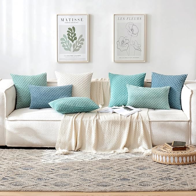 MIULEE Pack of 2 Decorative Throw Pillow Covers 20x20 Inch Soft Boho Striped Textured Corduroy Pillow Covers Modern Farmhouse Home Decor for Couch Bed Sofa Living Room Aqua Green