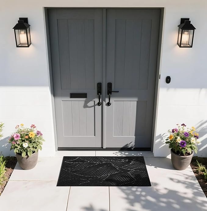 Yimobra Large Door Mat 47x24, All-Weather Waterproof Art Line Outdoor Mats for Front Door, Heavy Duty Non-Slip Welcome Matt for Garage Patio Proch Entryway Indoor, Black