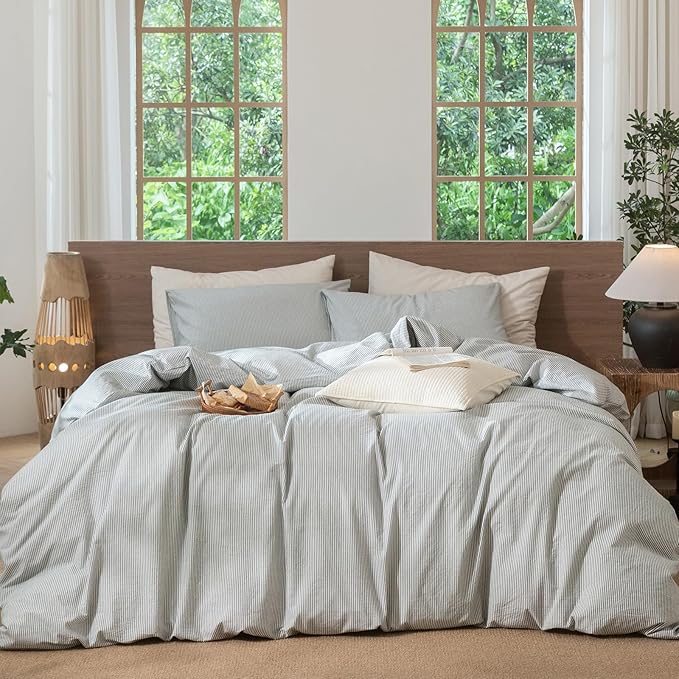 MooMee Striped Duvet Cover Set 100% Washed Cotton Linen Like Textured Breathable Durable Soft Comfy (Heathered Green Pinstripes, Cal King 104"x98")
