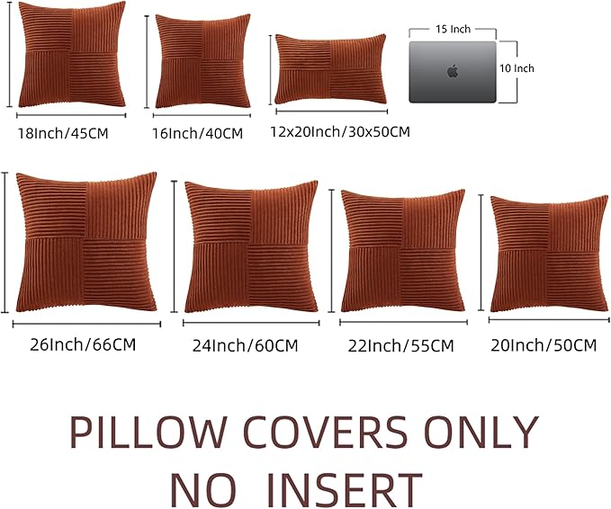 Fancy Homi 2 Packs Rust Euro Decorative Throw Pillow Covers 26x26 Inch for Bedroom Bed, Farmhouse Boho Home Decor, Soft Corss Corduroy Patchwork Textured Square Terracotta Cushion Case 66x66 cm