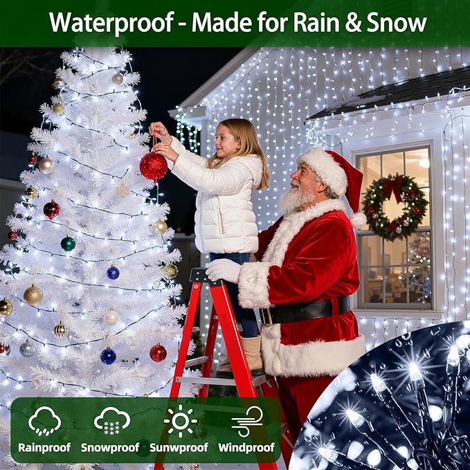 300LED Christmas Lights Outdoor Indoor Use, 12 Lighting Modes 75ft Christmas Tree Lights with Timer, Dimmable Cool White LED StringLights Waterproof for Yard Tree Wedding Party Holiday Cool White