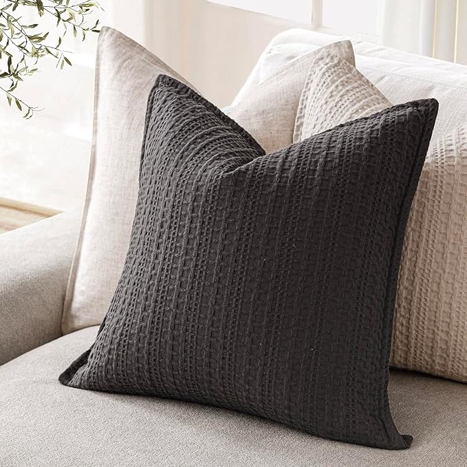 Foindtower Set of 2 Decorative Cotton Waffle Weave Throw Pillow Covers Euro Shams Cushion Covers Accent European Pillowcase for Bed Couch Sofa Bedroom Living Room Home Decor 20×20 Inch Dark Grey