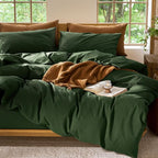 MooMee Bedding Duvet Cover Set 100% Washed Cotton Linen Like Textured Breathable Durable Soft Comfy (Solid Forest Green, Oversized King Plus 128"x120")