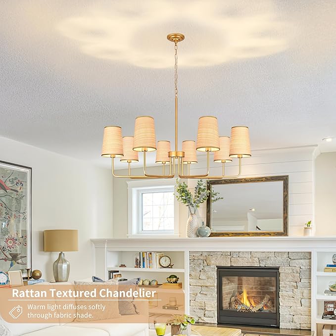 8-Light 39" Gold with Fabric Shades Chandelier Farmhouse Linear Island Lighting Fixture Large Adjustable Pendant Lighting Fixtures for Living Room Kitchen Island Dining Room