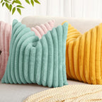 decorUhome Faux Fur Throw Pillow Covers 12x20 Set of 2, Decorative Soft Plush Striped Lumbar Neutral Couch Euro Pillow Covers with Velvet Back for Sofa, Bed, Living Room Home Decor, Aqua