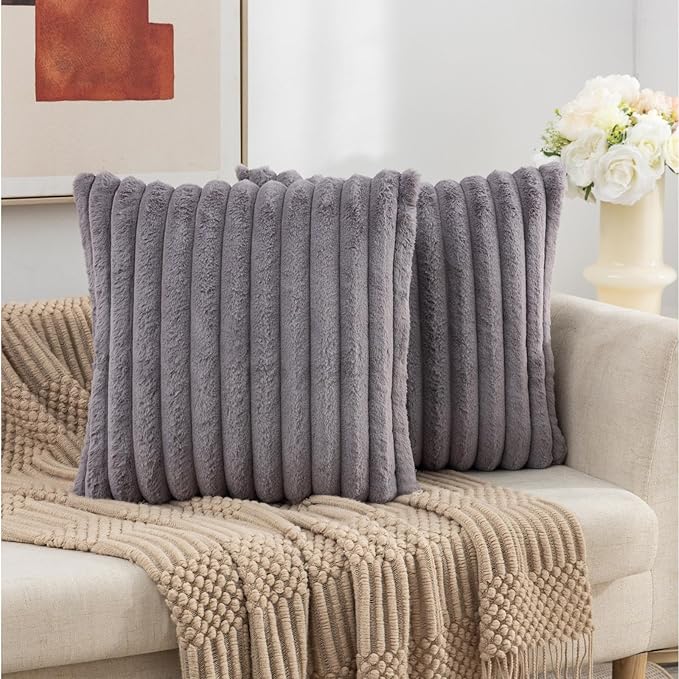 ZLINA Set of 2 Dark Grey Faux Fur Decorative Throw Pillow Covers Fluffy Striped Pillowcase Cushion Covers 18 x 18 Inch Decor Sofa Couch Bedroom