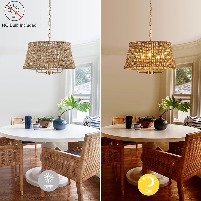 Hand-Woven Rattan Chandelier Vintage Farmhouse Boho Bamboo Chandeliers Light Fixture Retro Drum Wicker Rattan Gold Chandelier for Dining Room, Kitchen, Living Room