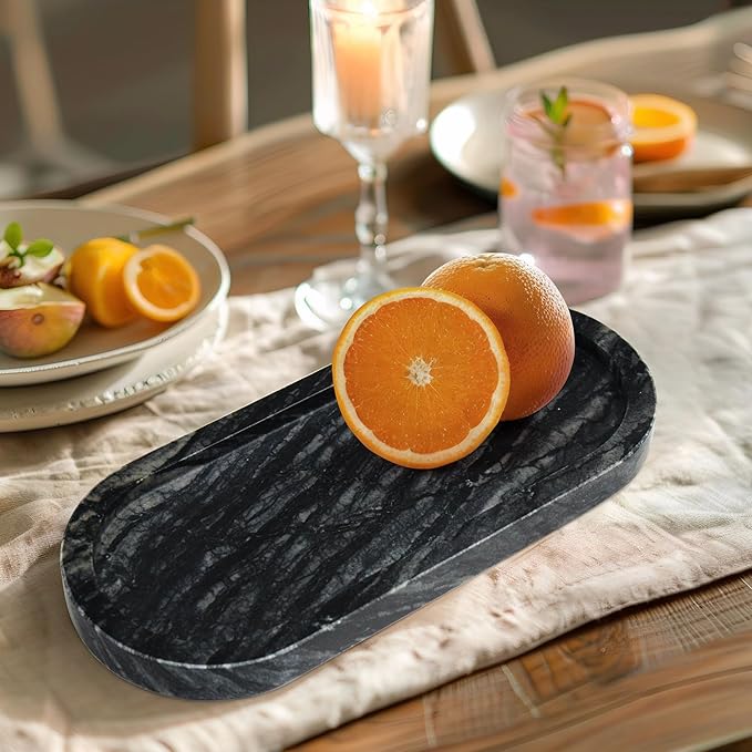 100% Real Natural Marble Tray for Bathroom, Luxury Ancient Wood Grain Stone Vanity Tray, Decorative Oval Trays for Countertop Storage Organizer, Vanity Dresser Kitchen Home Decor, Black