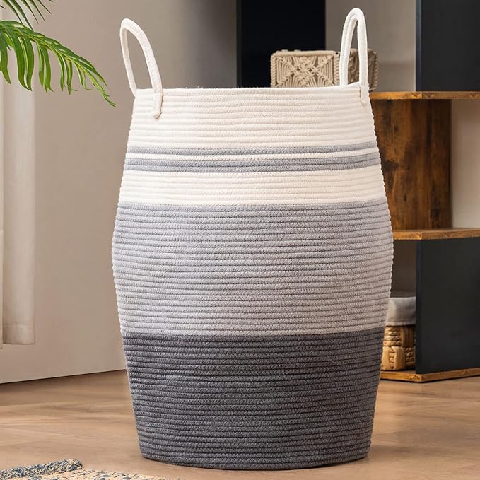 YOUDENOVA 105L Extra Large Woven Laundry Hamper Basket with Heavy Duty Cotton Rope Handles for Clothes and Toys in Bedroom, Nursery Room, Bathroom, Collapsible, Dark Grey