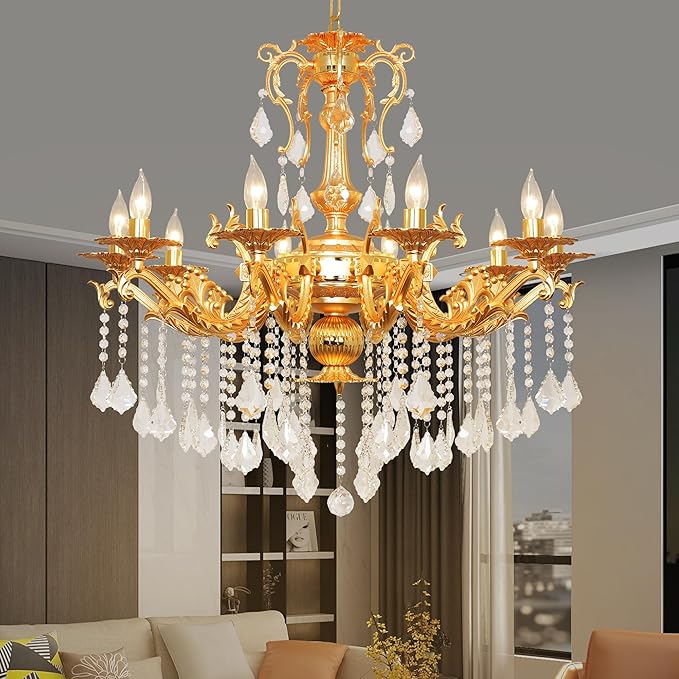 Luxury Gold Crystal Chandelier, 32" Vintage K9 Crystal Pendant Light with 10 Lights, Antique Brass Finish Ceiling Light Fixture with Scrolled Arms for Dining Room Living Room Foyer Villa Hotel
