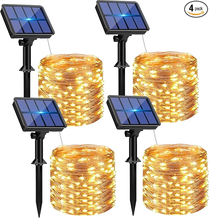 4 Pack Solar String Lights Outdoor - Total 320LED 132FT Solar Fairy Lights Waterproof 8 Modes, Copper Wire Solar Powered Twinkle Light for Outside Tree Garden Christmas Wedding Party Decor, Warm White