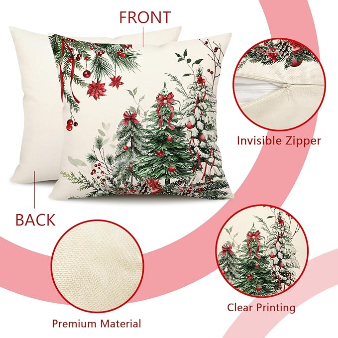 4TH Emotion Christmas Trees Pillow Covers 18x18 Inch Set of 2, Xmas Farmhouse Decorations Winter Holiday Decor Throw Cushion Case for Home Couch S24C37