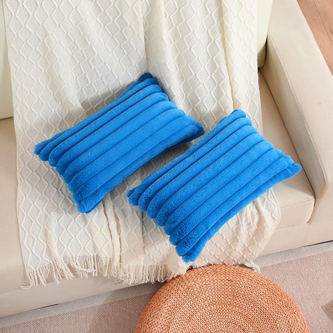 FUTEI Royal Blue Striped Decorative Throw Pillow Covers 12x20 Inch Set of 2,Rectangle Winter Decorations Couch Lumbar Pillowcase,Soft Cozy Faux Rabbit Fur & Velvet Back,Modern Home Decor for Bed
