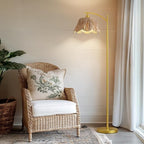 Oneach Gold Floor Lamps for Living Room, Arc Floor Lamp with Hand-Woven Wicker Shade, Foot Switch,Metal Base & Pole,Boho Rattan Standing Lamp for Bedroom Living Room,Office,Reading