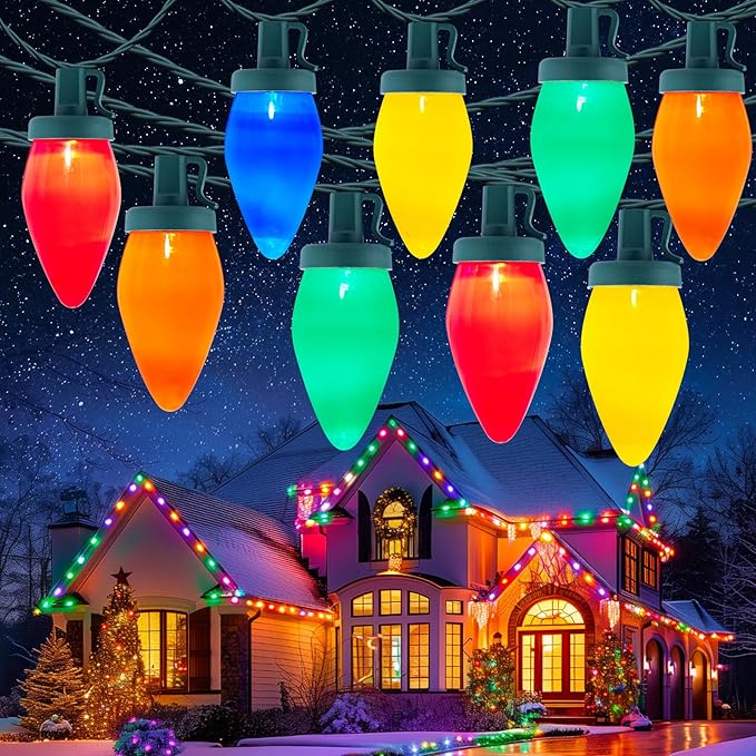C9 Christmas Lights Outdoor, 100 Feet Strawberry Waterproof String Lights with 100 Bulbs, Connectable Waterproof Lights for Holiday Party Roofline Backyard Patio, Green Wire(Multicolor)