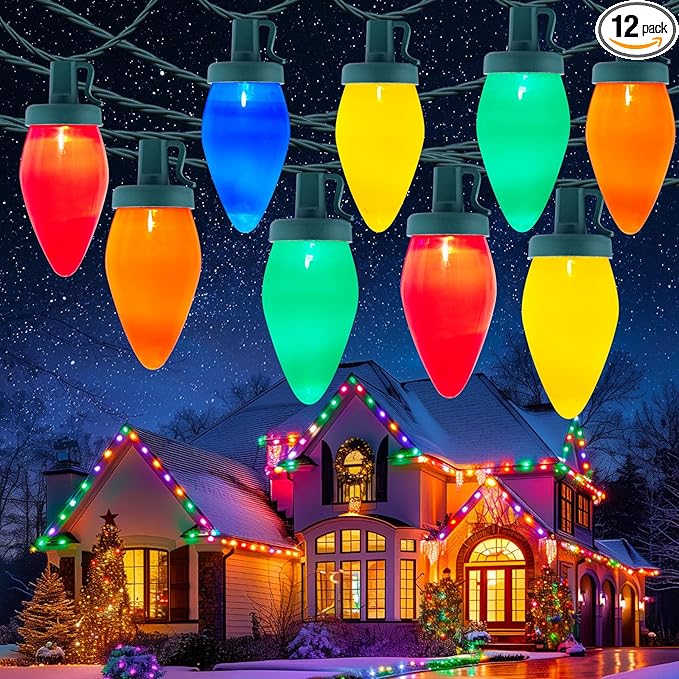 C9 Christmas Lights Outdoor, 50Feet Vintage Christmas String Lights with 50 Colored Bulbs, Connectable Waterproof Lights for Holiday Party Roofline Backyard Garden Patio, Green Wire (Multicolor)