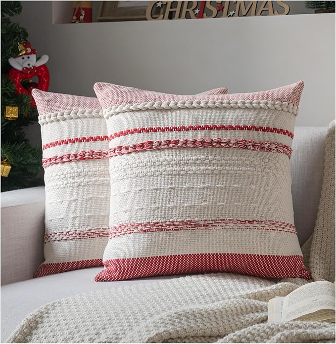 Christmas Pillow Covers 18x18 Inch Set of 2, Red Textured Boho Christmas Decorative Couch Pillow Cases for Farmhouse Home Decor, Accent Cushion Cover for Sofa, Bed, Living Room, Bedroom