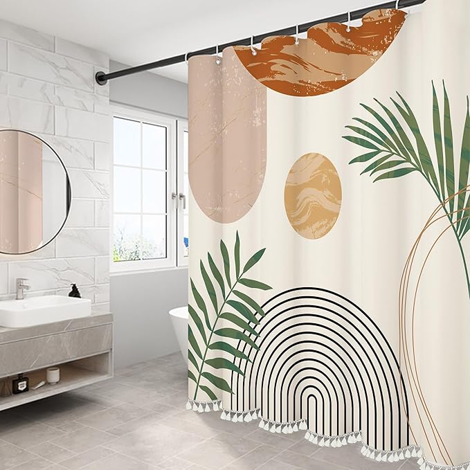 Boho Mid Century Leaf Shower Curtain Set,Arch Sun Design,Minimalistic Leaves Pattern,Waterproof and Luxurious Fabric-12 Hooks(Beige-72" x 72")