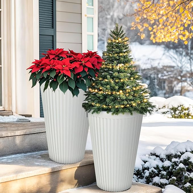 20" Resin Tall Planters for Outdoor Plants,Set of 2 Matt White Large Flower Pots with Handmade Fluted Texture,Heavy-Duty and Resistant for Year Round Indoor, Ideal for Christams Decoratione