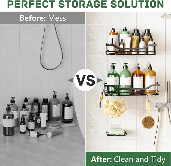 OMAIRA 3-Pack Shower Caddy with Soap Holder, Adhesive Rustproof No-drill Strudy Loading Inside Shower Organizer Shelves Rack Storage Bathroom Organization for Smooth Wall Glass Tile, Black (Large)