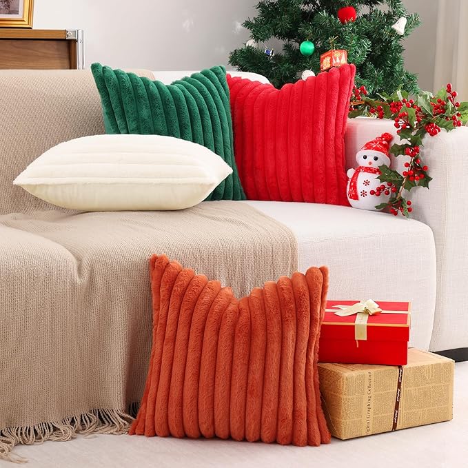 Pallene Faux Fur Plush Christmas Throw Pillow Covers 22x22 Set of 2, Luxury Soft Fluffy Striped Decorative Pillow Covers for Sofa, Couch, Living Room, Red