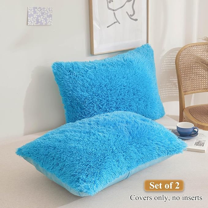 XeGe Faux Fur Fluffy Pillow Cases, Soft Plush Shaggy Furry Blue Pillowcases, Velvet Fuzzy Decorative Throw Pillow Covers for Bed Couch, Zipper Closure, Set of 2(Standard Size, Blue)