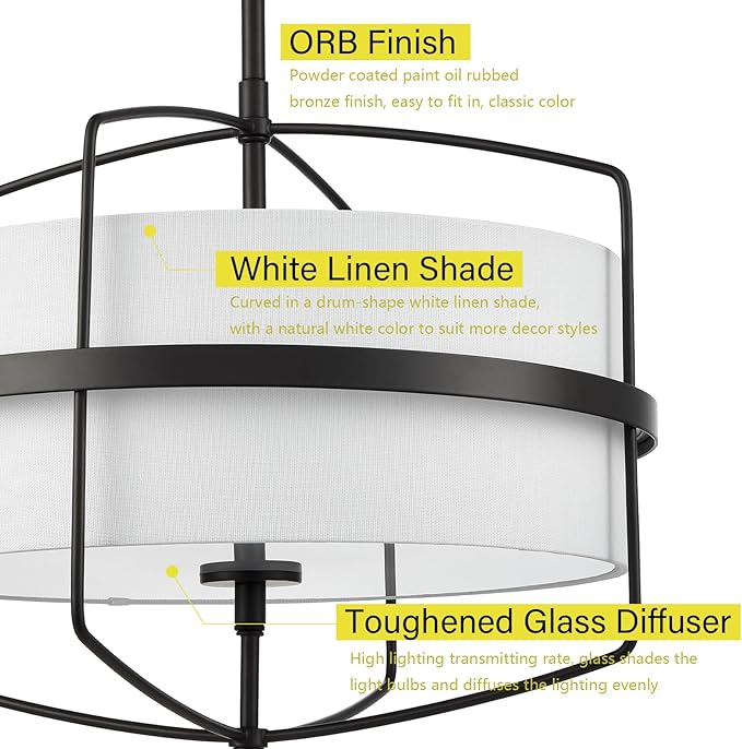DAYCENT Modern Black Pendant Lights Kitchen Island 3-Light Drum Shade Pendant Light Fixtures 16" H Farmhouse Matte Black Pendant Light with Fabric Shade, Adjustable Height