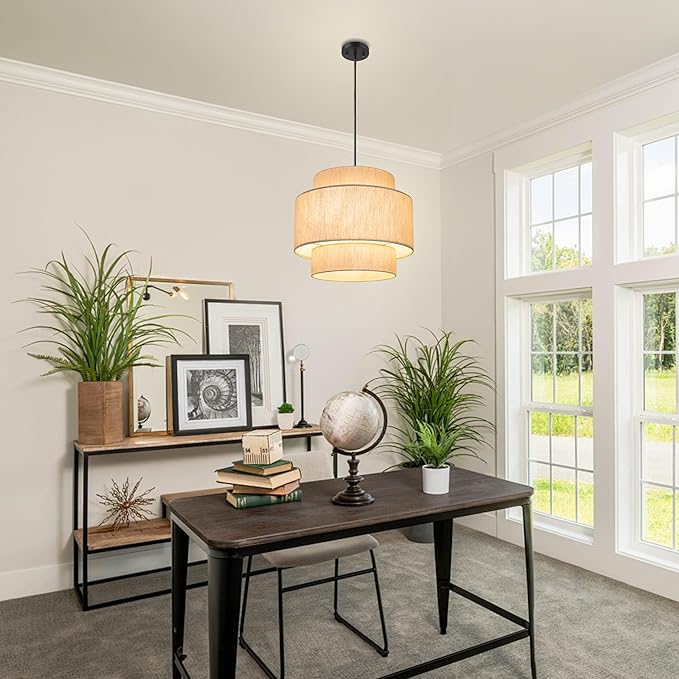 Pendant Lights with Beige Linen Drum Shade Chandelier Hanging Light Fixture 19.7" Pendant Lights Kitchen Island, Large Drum Pendant Light Fixtures 3-Tier Kitchen Chandelier for Entryway Living Room