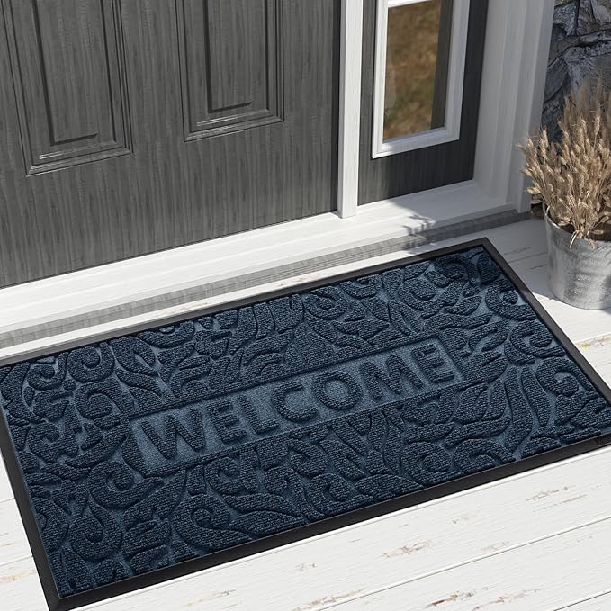 Yimobra Large Welcome Mat 47x32, Waterproof Non-Slip Outdoor Mats for Front Door Outside Entrance, Low-Profile Entryway Mat Indoor for Garage Patio, Blue