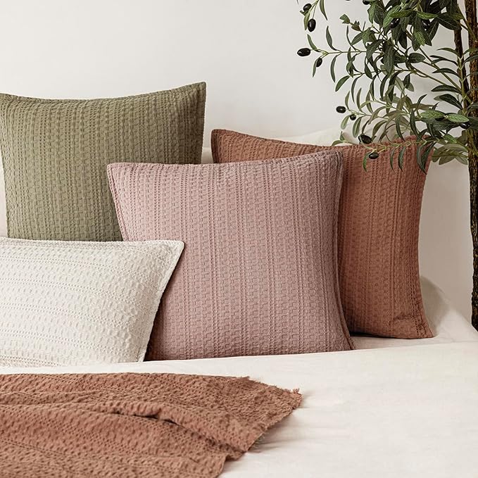 Foindtower Set of 2 Decorative Cotton Waffle Weave Throw Pillow Covers Euro Shams Cushion Covers Accent European Pillowcase for Bed Couch Sofa Bedroom Living Room Home Decor 20×20 Inch Dusty Pink